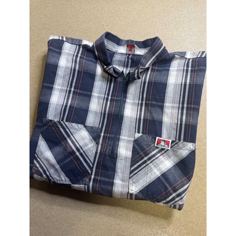 Ben Davis Mens 2XL Plaid Half Zip Work Shirt Navy White Short Sleeve Made in USA